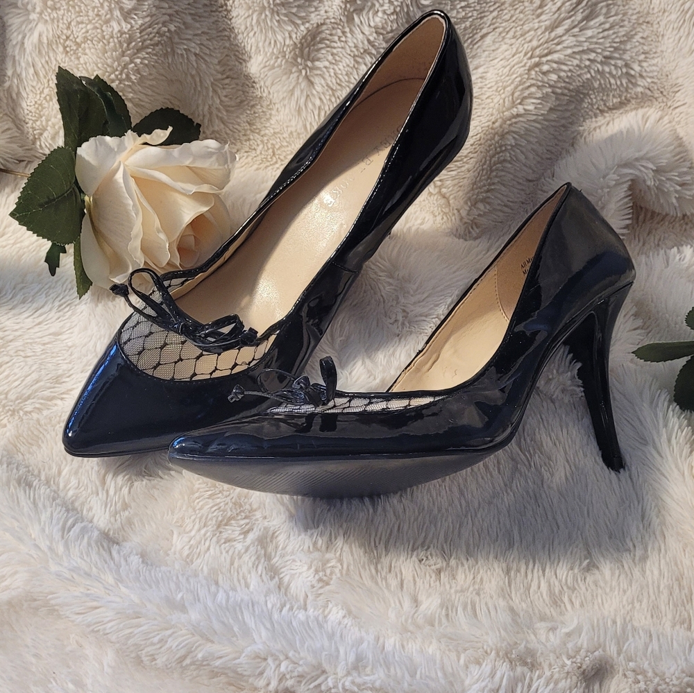 Audrey Brooke Black Patent Heels with Mesh Detail